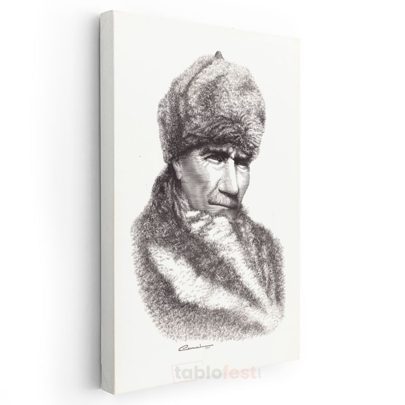 Kürklü Atatürk - Karakalem Kış Portresi Kanvas Tablo