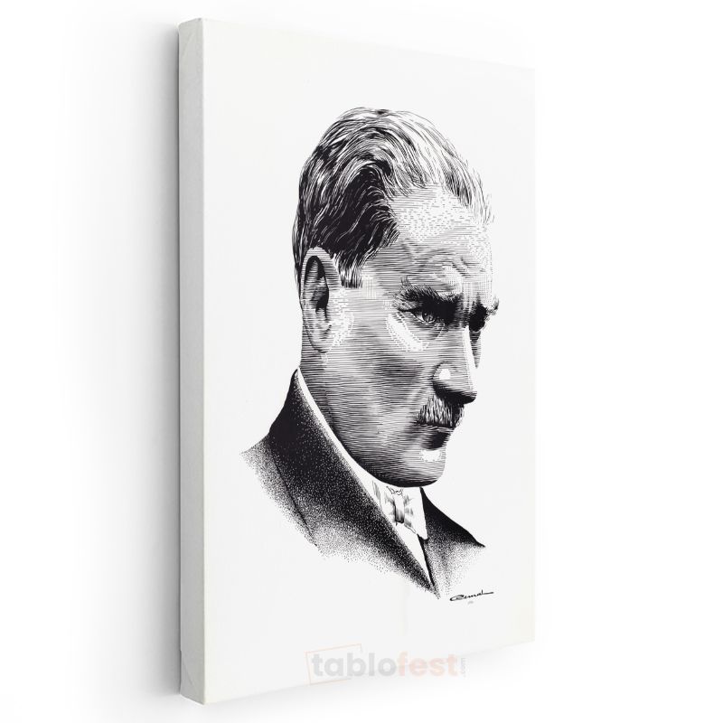 Nokta Çizim Atatürk - Beyaz Fonda Portre Kanvas Tablo