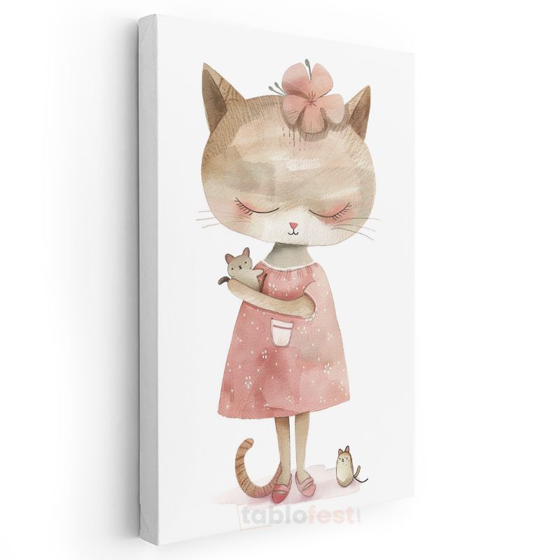 Kedi ve Fare - Pembe Elbiseli Sevimli Dostlar Kanvas Tablo
