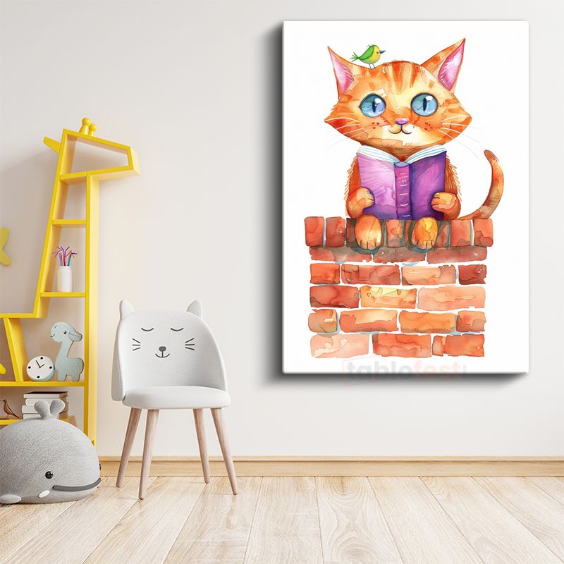 Kitapsever Kedi - Minik Kuşla Okuma Keyfi Kanvas Tablo