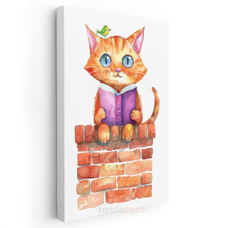 Kitapsever Kedi - Minik Kuşla Okuma Keyfi Kanvas Tablo