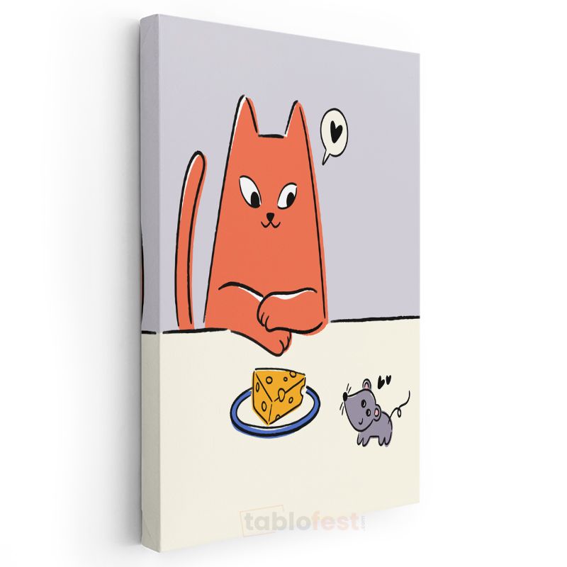 Kedi ve Fare - Peynir Dilimi Etrafında Dostluk Kanvas Tablo