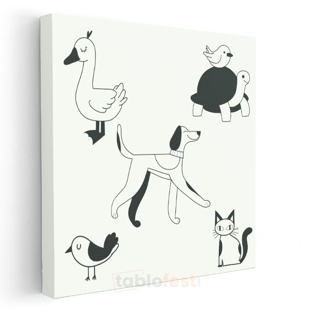 Siyah Beyaz Hayvanlar - Minimalist Dostlar Kanvas Tablo