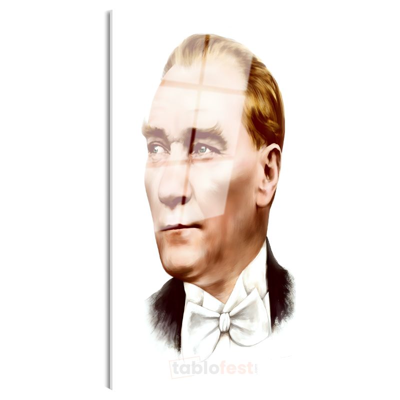 Beyaz Papyonlu Atatürk - Modern Çizgili Portre Cam Tablo