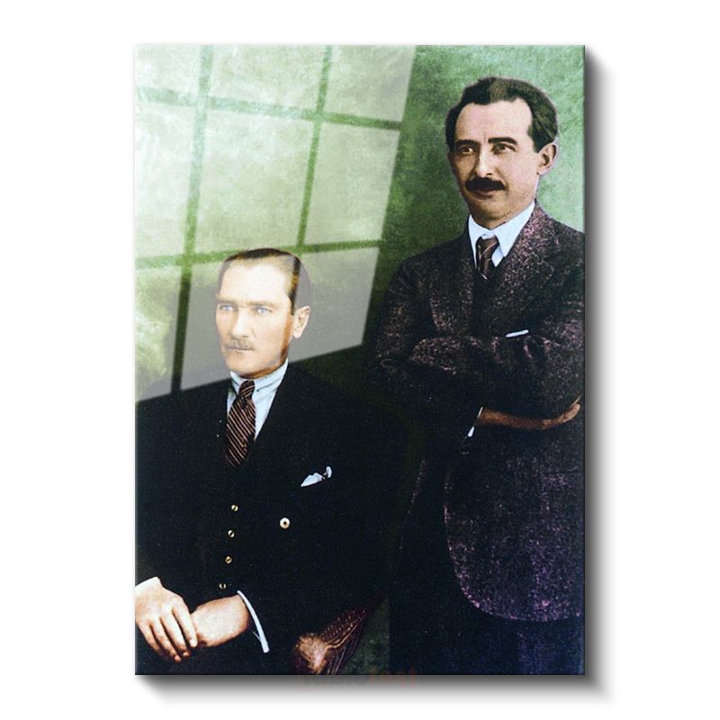 Atatürk ve İnönü - Yeşil Fonlu Tarihi Portre Cam Tablo