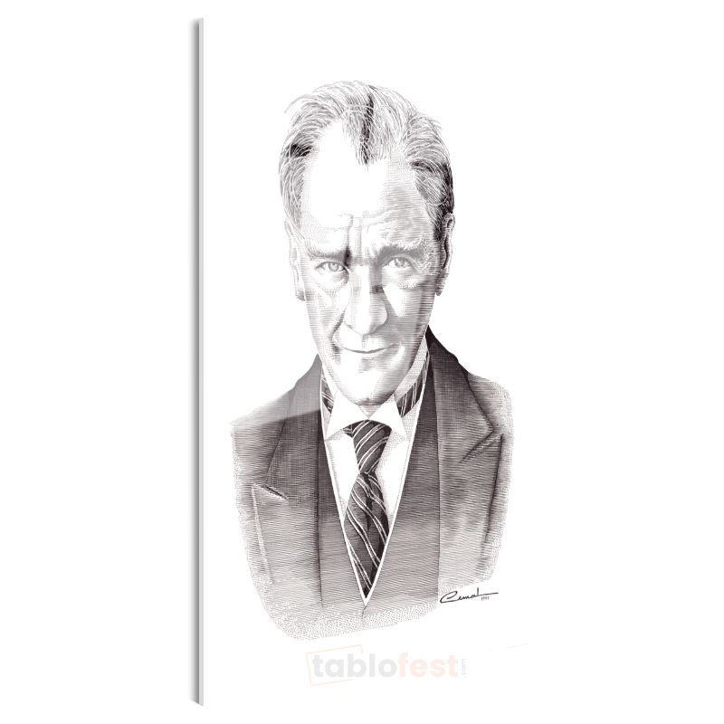 Karakalem Gülümseyen Atatürk - İmzalı Portre Cam Tablo