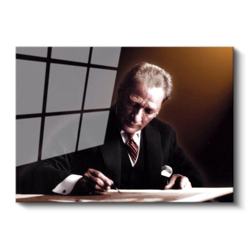 Atatürk ve İmza Anı - Tarihi Belge Hazırlarken Cam Tablo
