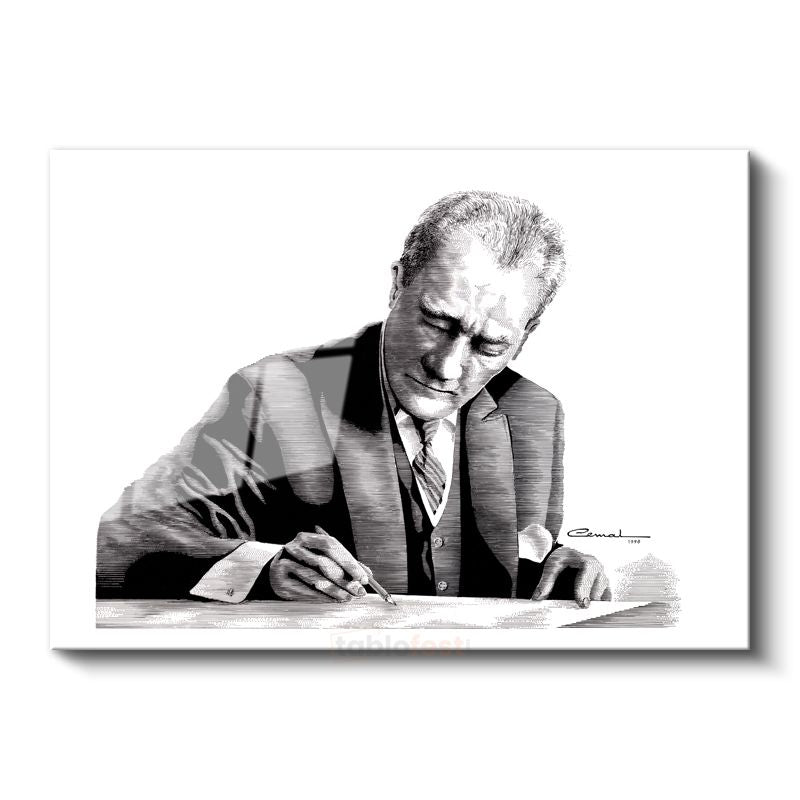 Atatürk ve İmzası - Sanatsal Portre Cam Tablo