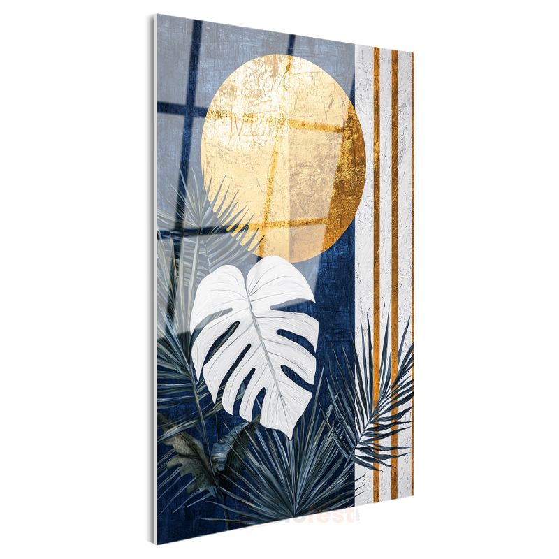 Tropikal Monstera - Mavi Altın Geometrik Dekor Cam Tablo