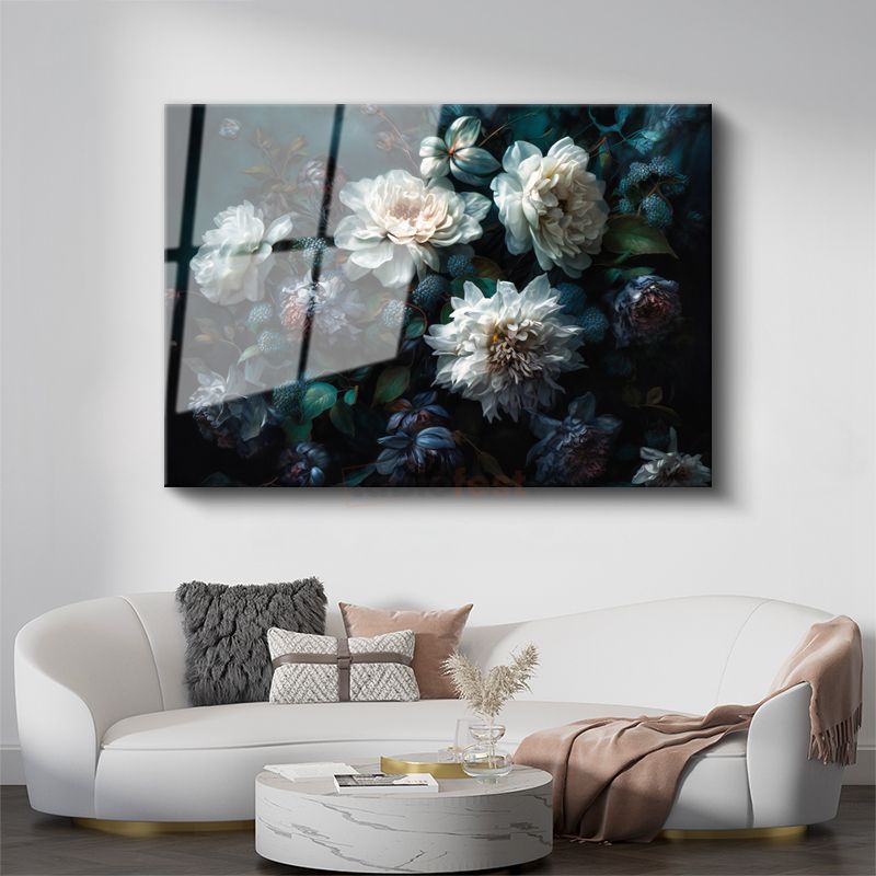 Beyaz Kamelya - Gri Fonda Minimalist Çiçek Portresi Cam Tablo
