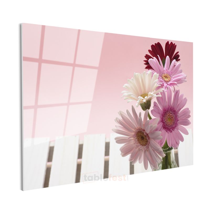 Pembe Gerbera - Romantik Çiçek Buketi Cam Tablo
