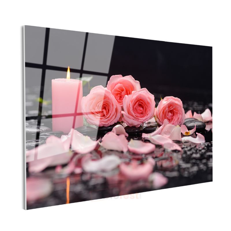Pembe Güller - Mum Işığında Romantik Kompozisyon Cam Tablo