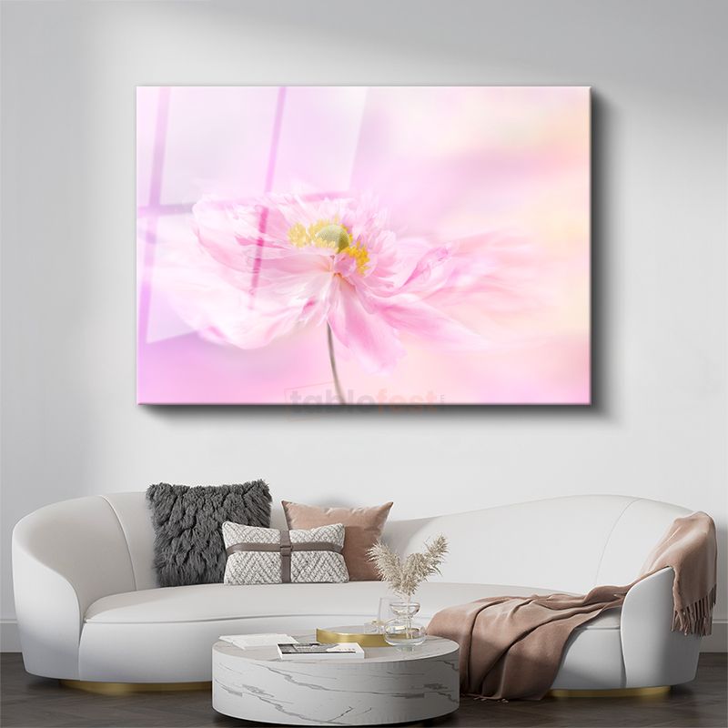 Pembe Şakayık - Yumuşak Pastel Tonlu Çiçek Cam Tablo