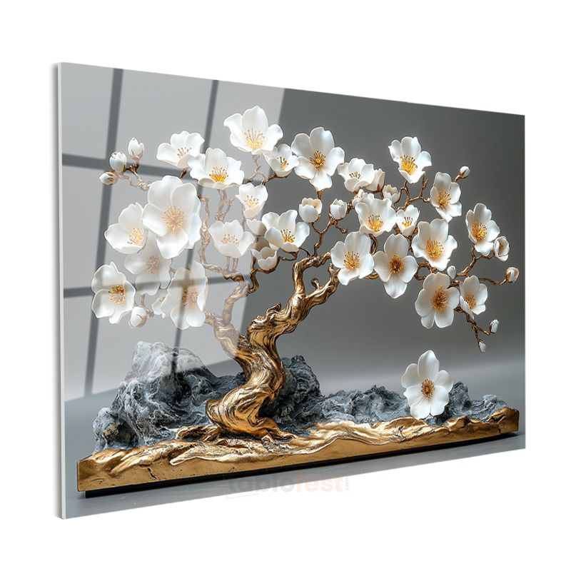 Beyaz Çiçekli Bonsai - Dekoratif Heykel Görünümlü Cam Tablo