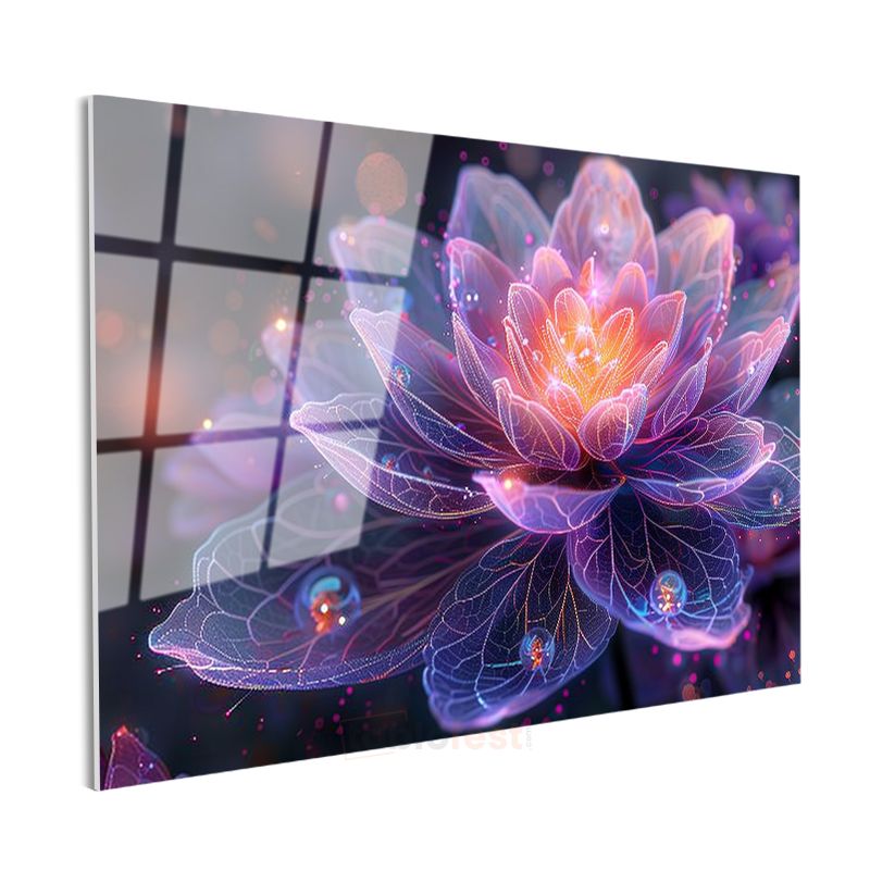 Işıklı Lotus - Mor Tonlarda Fantastik Çiçek İllüstrasyonu Cam Tablo