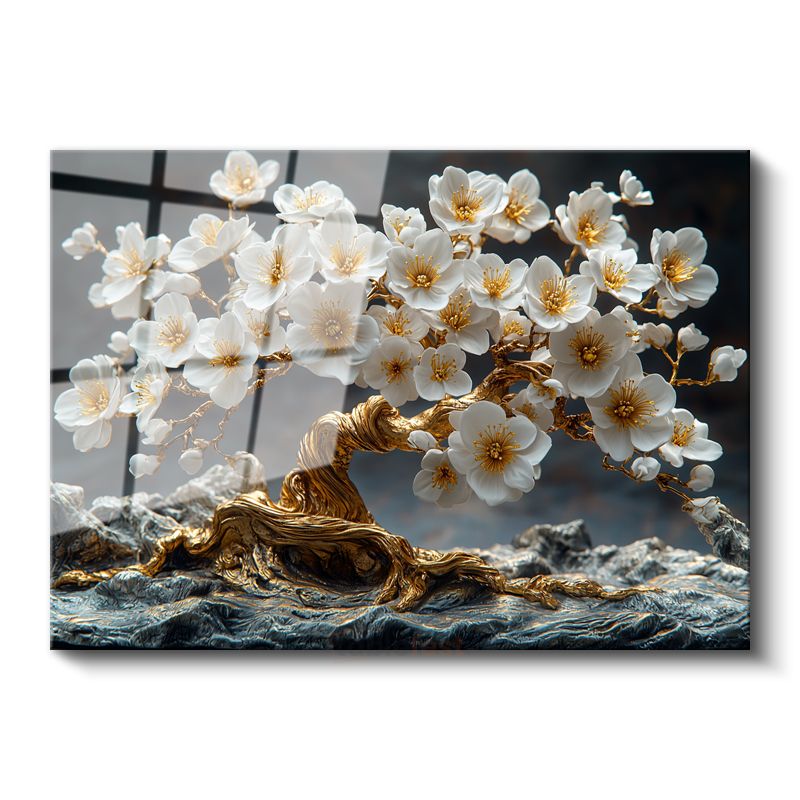 Altın Kiraz Çiçeği - Dekoratif Bonsai Ağacı Tasarımı Cam Tablo
