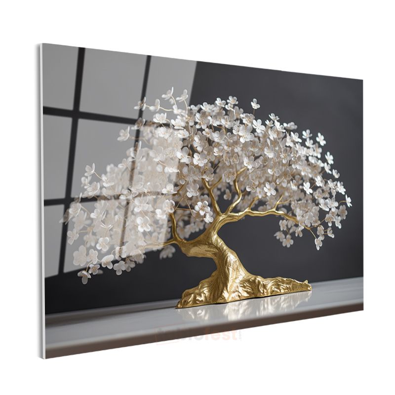 Altın Çiçek Ağacı - Zarif Beyaz Çiçekli Bonsai Sanatı Cam Tablo