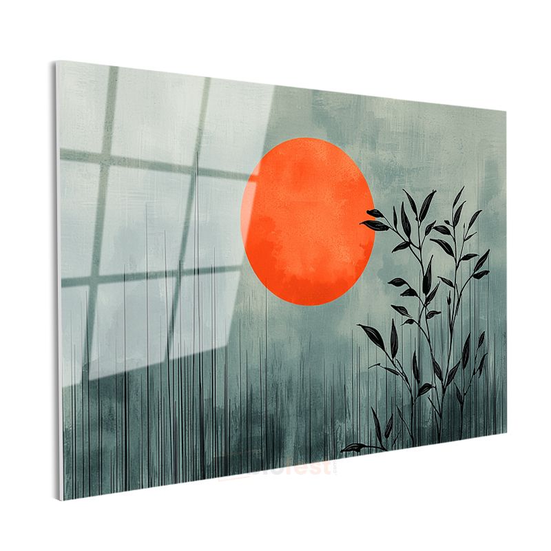 Bambu Silueti - Minimalist Doğu Esintili Turuncu Güneş Cam Tablo