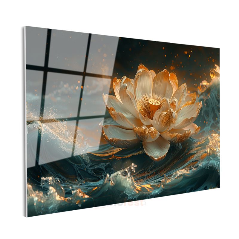 Altın Lotus - Su Üzerinde Işıltılı Nilüfer Çiçeği Cam Tablo
