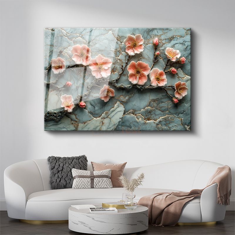 Pembe Çiçekler - Turkuaz Mermer Dokulu Kabartma Görünümlü Sanat Cam Tablo