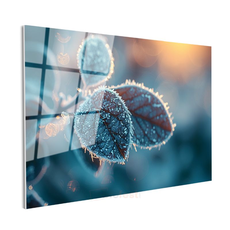 Kırağılı Yapraklar - Gün Doğumu Işığında Makro Çekim Cam Tablo