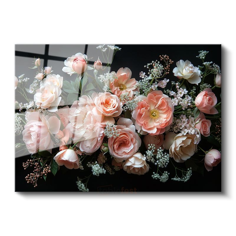 Romantik Güller - Pastel Pembe Tonlarda Zarif Buket Cam Tablo