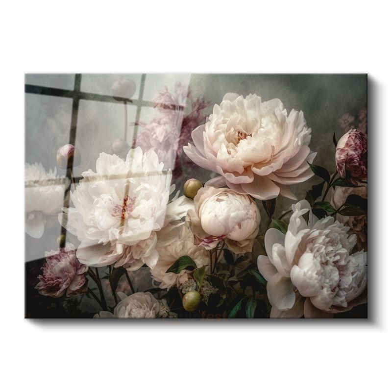 Vintage Şakayıklar - Pastel Tonlarda Romantik Buket Cam Tablo