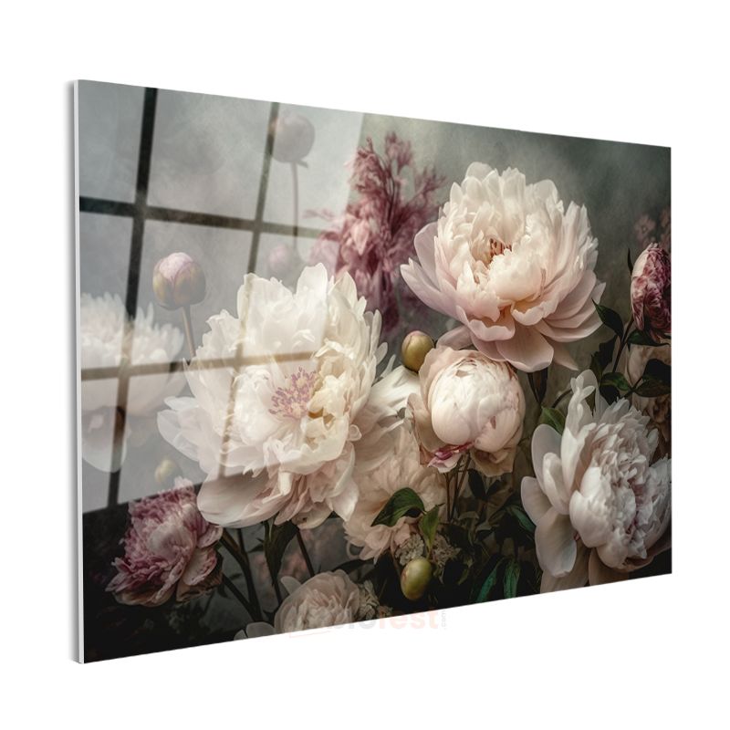 Vintage Şakayıklar - Pastel Tonlarda Romantik Buket Cam Tablo