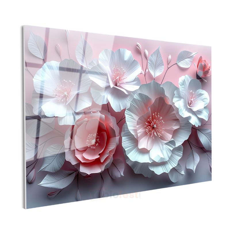 Kağıt Çiçekler - Pembe Fonda Beyaz 3D Kompozisyon Cam Tablo