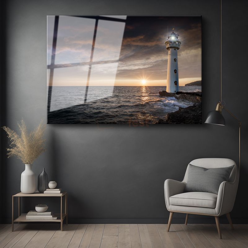 Deniz Feneri - Gün Batımında Huzur Veren Işık Cam Tablo