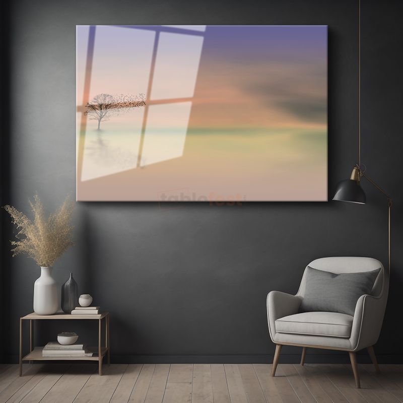 Yalnız Ağaç - Minimalist Doğa Silueti Cam Tablo