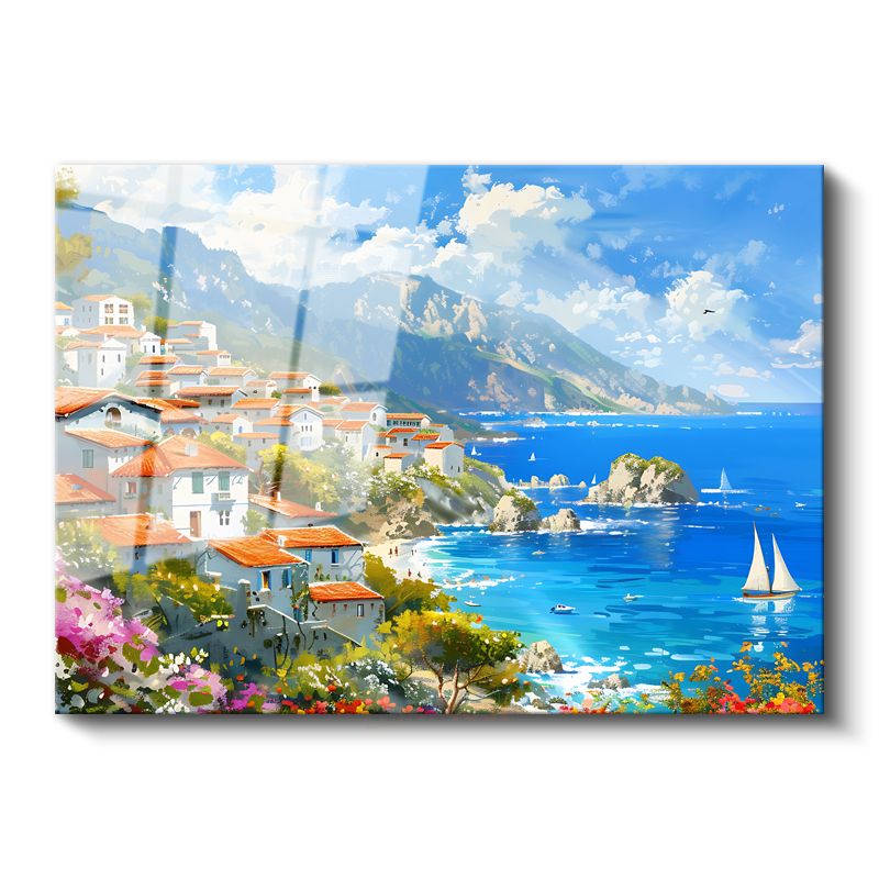 Akdeniz Kıyısı - Beyaz Evler ve Mavi Deniz Cam Tablo