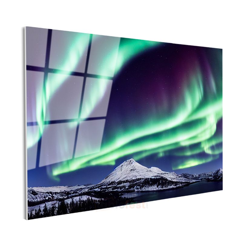 Aurora Borealis - Karlı Dağ Zirvesi Üzerinde Işık Şöleni Cam Tablo