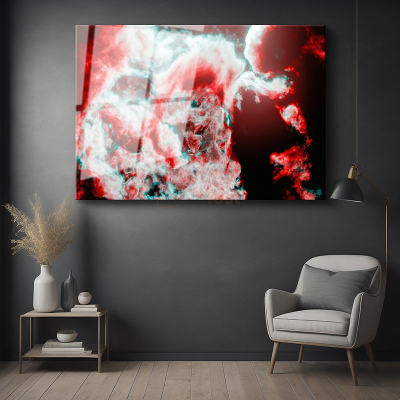 Kozmik Nebula - Kırmızı ve Turkuaz Tonlarında Uzay Bulutu Cam Tablo