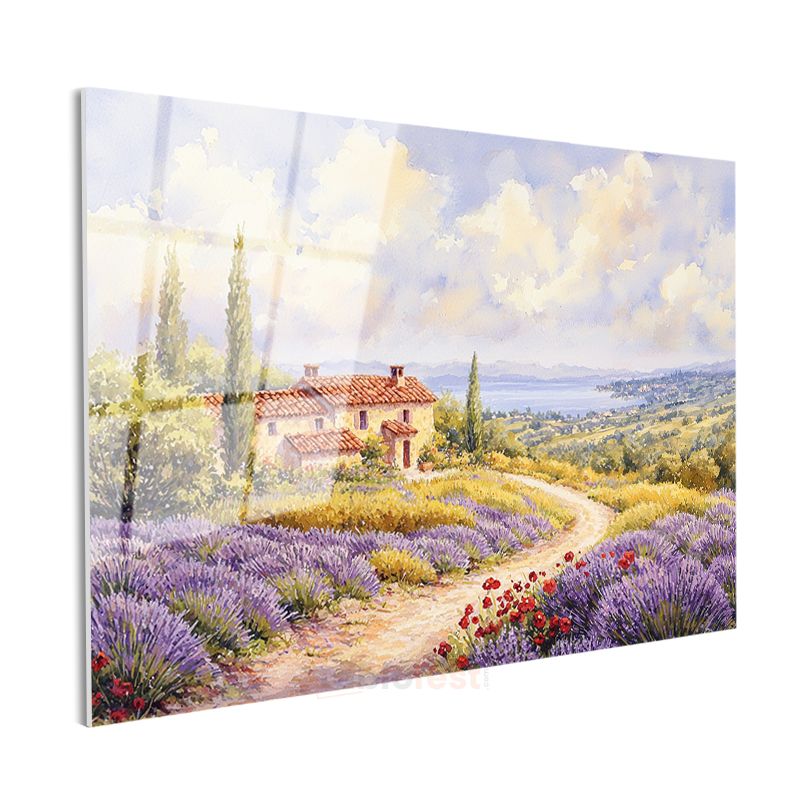 Lavanta Bahçesi - Kır Evi ve Çiçekli Patika Cam Tablo