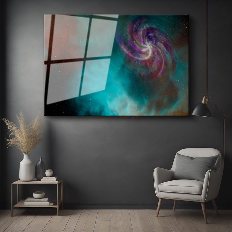 Galaksi Spirali - Turkuaz Nebula Dansı Cam Tablo