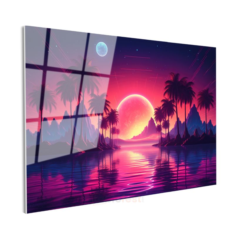 Neon Cennet - Retrowave Tarzı Gün Batımı Manzarası Cam Tablo