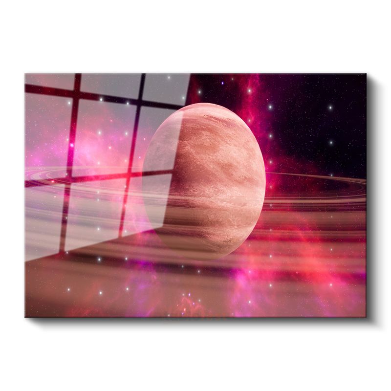 Kozmik Gezegen - Mor Nebula İçinde Görkemli Halkalı Dünya Cam Tablo