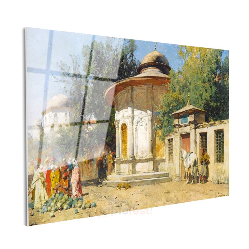 Osmanlı Mimarisi - Tarihi Çeşme ve Cami Manzarası Cam Tablo