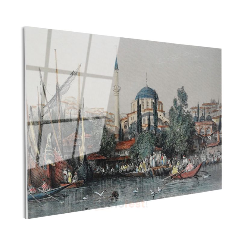 İstanbul Silueti - Tarihi Camiler ve Deniz Manzarası Cam Tablo
