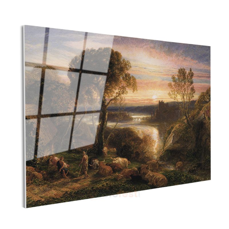 Samuel Palmer - Gün Batımında Pastoral Manzara Cam Tablo