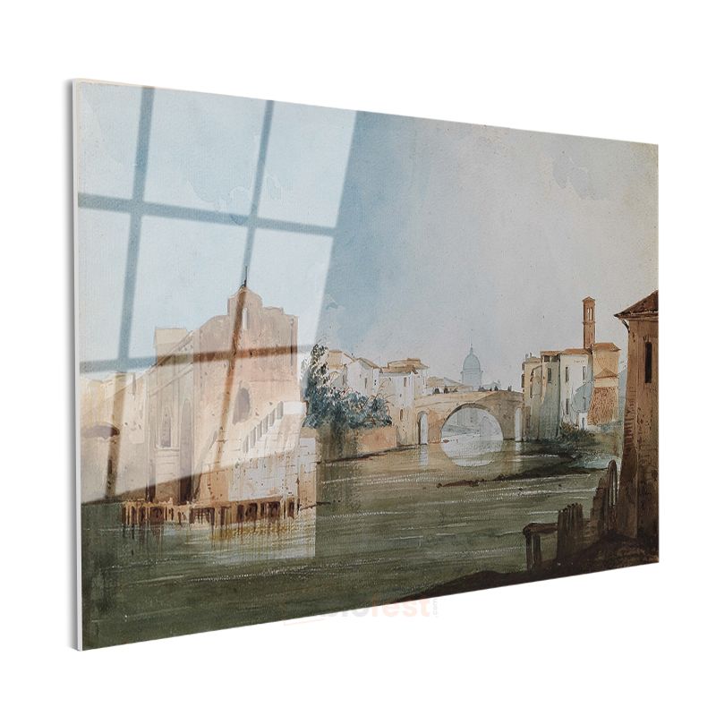 J.M.W. Turner - İtalya Nehir ve Köprü Manzarası Cam Tablo