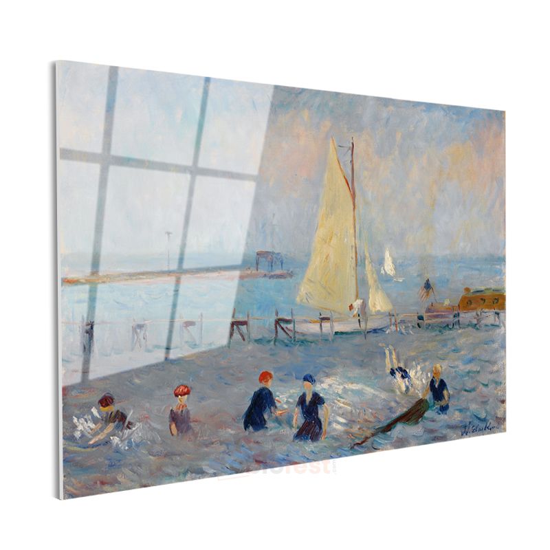 William Glackens - Plajda Yüzenler Cam Tablo