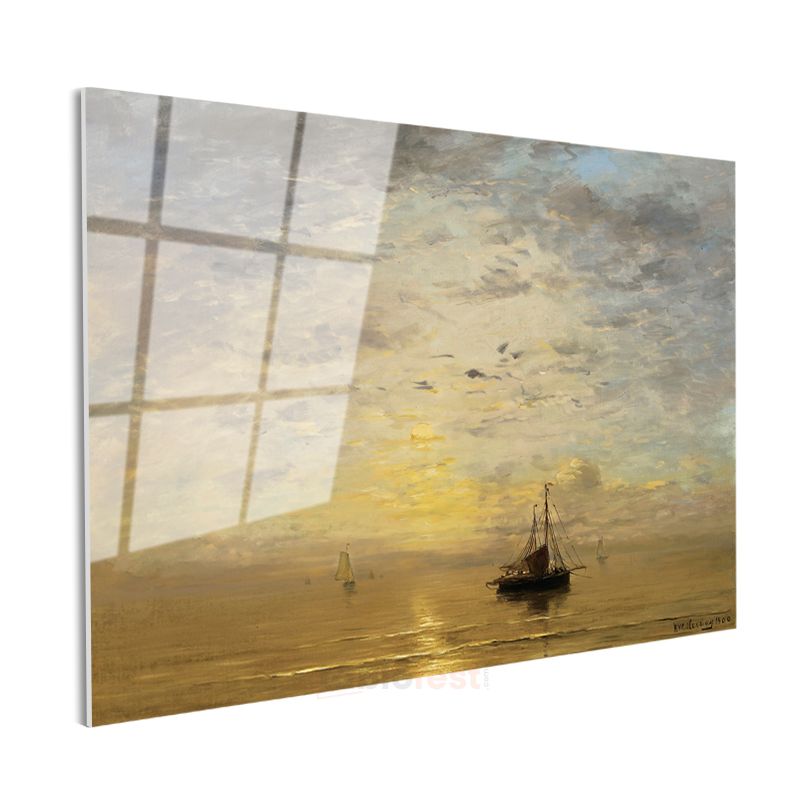 Hendrik Willem Mesdag - Günbatımında Tekneler Cam Tablo