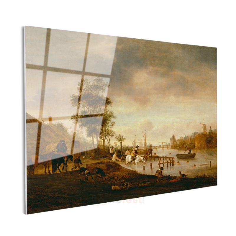 Aelbert Cuyp - Nehir Kıyısında Günbatımı Cam Tablo