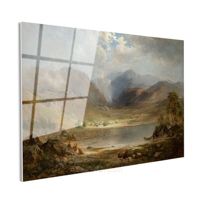 Thomas Moran - Dağlık Vadide Göl Manzarası Cam Tablo