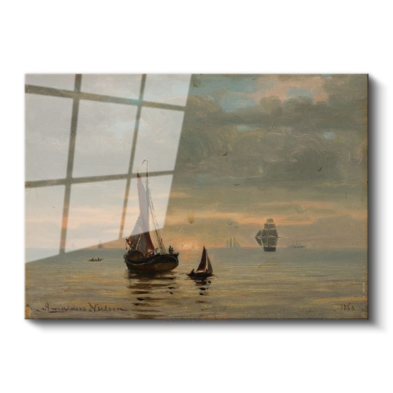 Hendrik Willem Mesdag - Gün Batımında Yelkenliler Cam Tablo