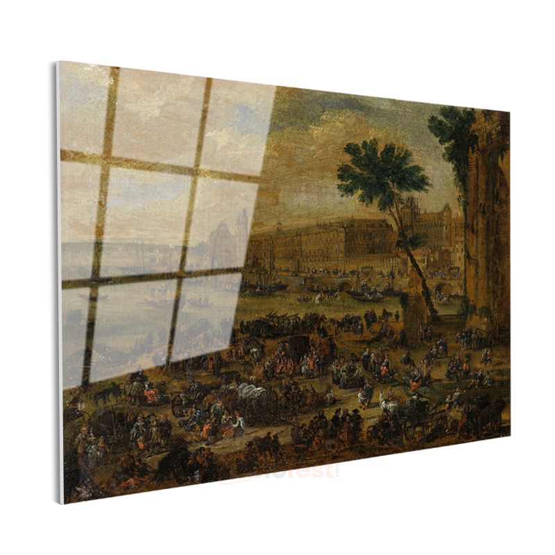 David Teniers - Saray Önünde Kalabalık Manzara Cam Tablo