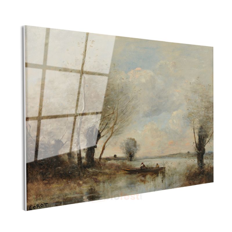 Jean-Baptiste-Camille Corot - Göl Kenarında Tekne Cam Tablo