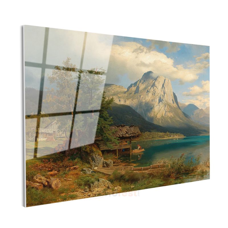 Albert Bierstadt - Dağ Gölü Manzarası Cam Tablo